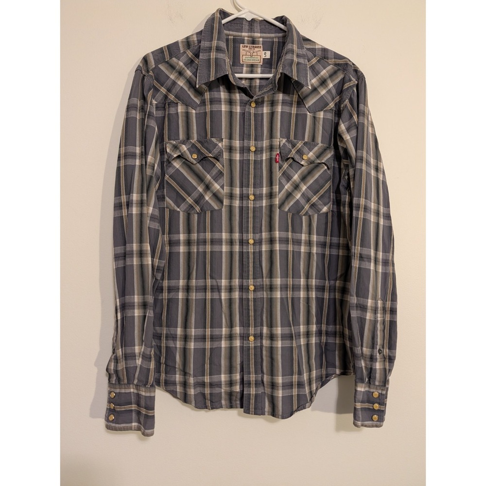 Levi's Plaid Pearl Snap Western Shirt Men's Large Blue Gray Long Sleeve Cotton